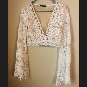 BooHoo White Lace Flared Sleeve Crop Top